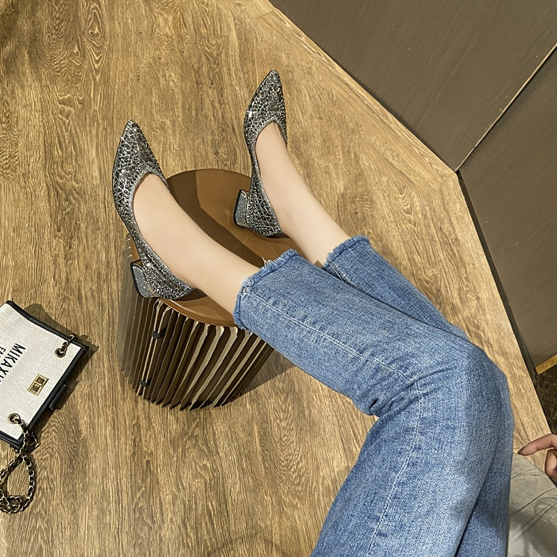 Ayollar uchun fransuz uchburchak botiqli, qalin poyali, ochiq botiqli rhinestone flats tufli