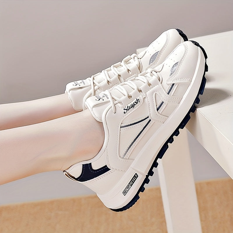 Women's White and Black Casual Athletic Sneakers Low Top Mesh Faux Leather Lightweight All-Season
