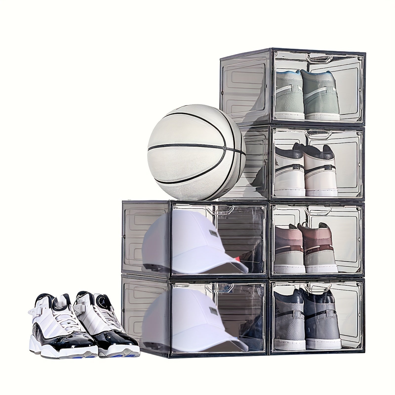 Set of 6 Plastic Shoe Storage Boxes with Transparent Doors Stackable Organizer for Bedroom Closet Hallway