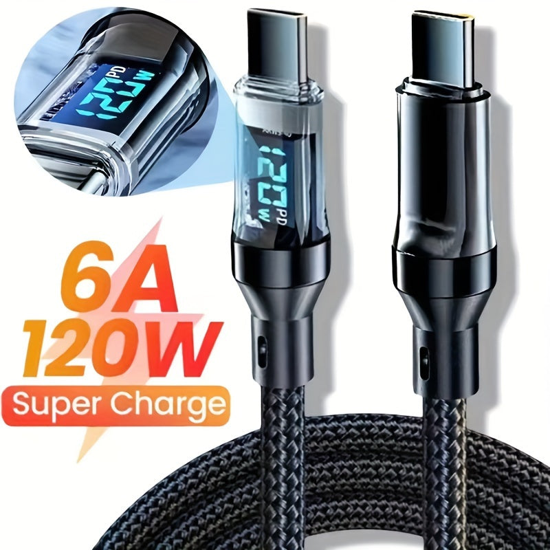 120W USB-C Fast Charging Cable with LCD Power Display Nylon Flat Matte