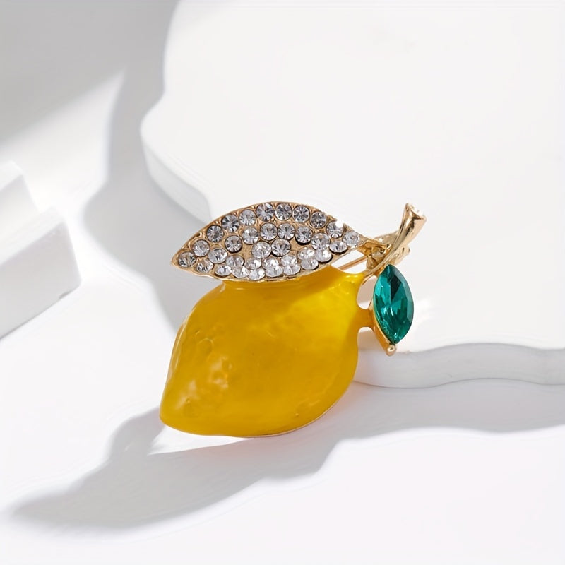 Unisex Lemon Brooch Pin in Korean Style with Rhinestones and Green Leaf Detail