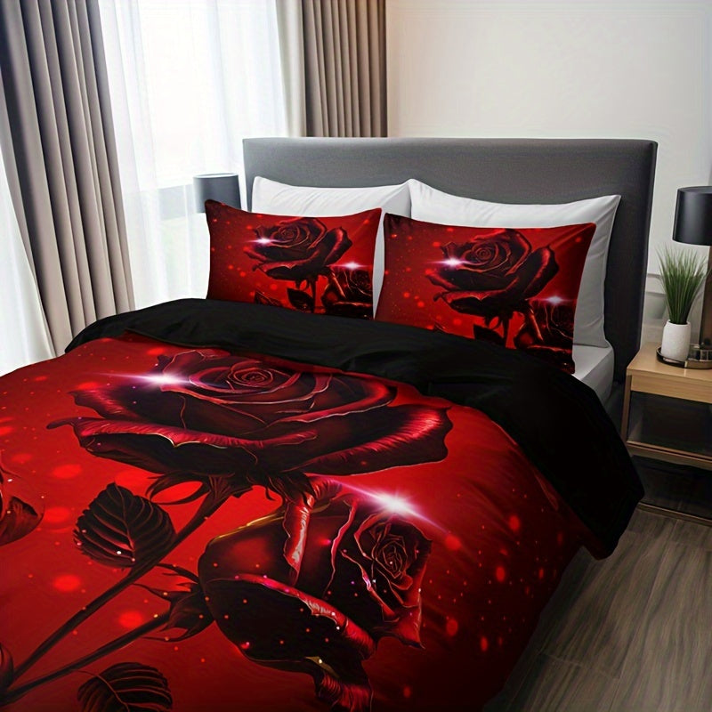 Red Rose Print Duvet Cover Set with 2 Pillowcases Breathable Polyester All Season