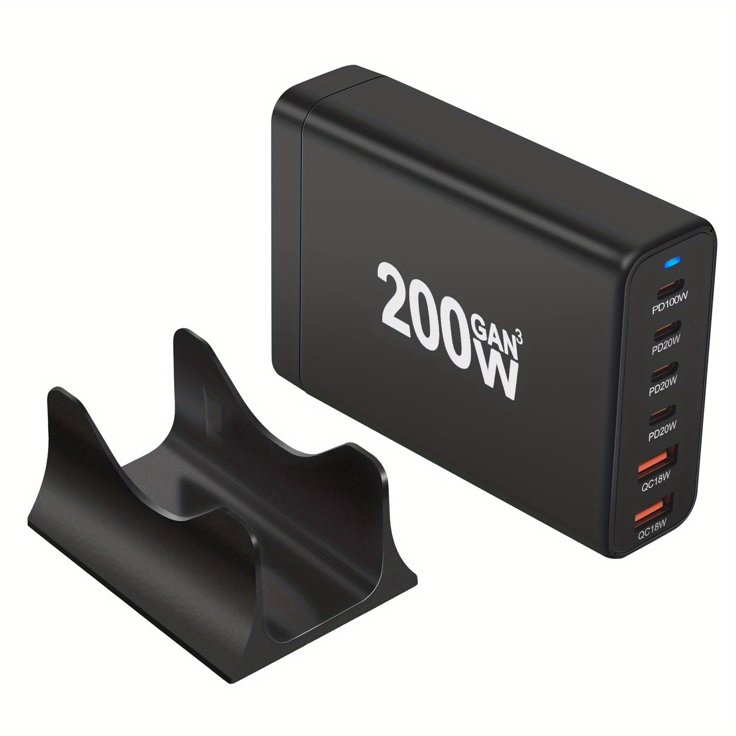 Cargador USB GaN de 200W, adaptador de pared de carga rápida de 6 puertos, negro