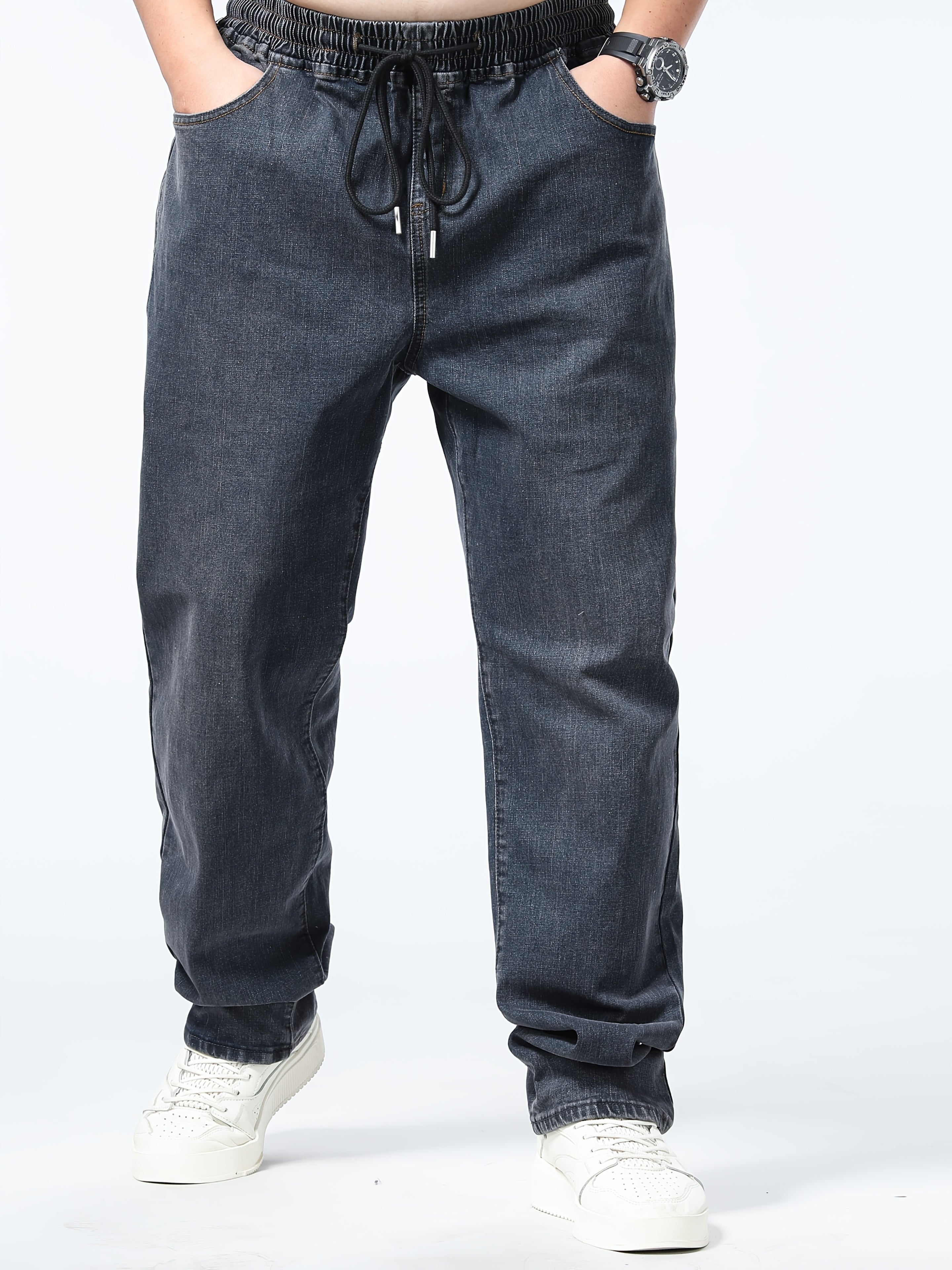 Plus Size Men's Casual Jeans Loose Fit Straight Leg Elastic Waist Rayon Blend Denim