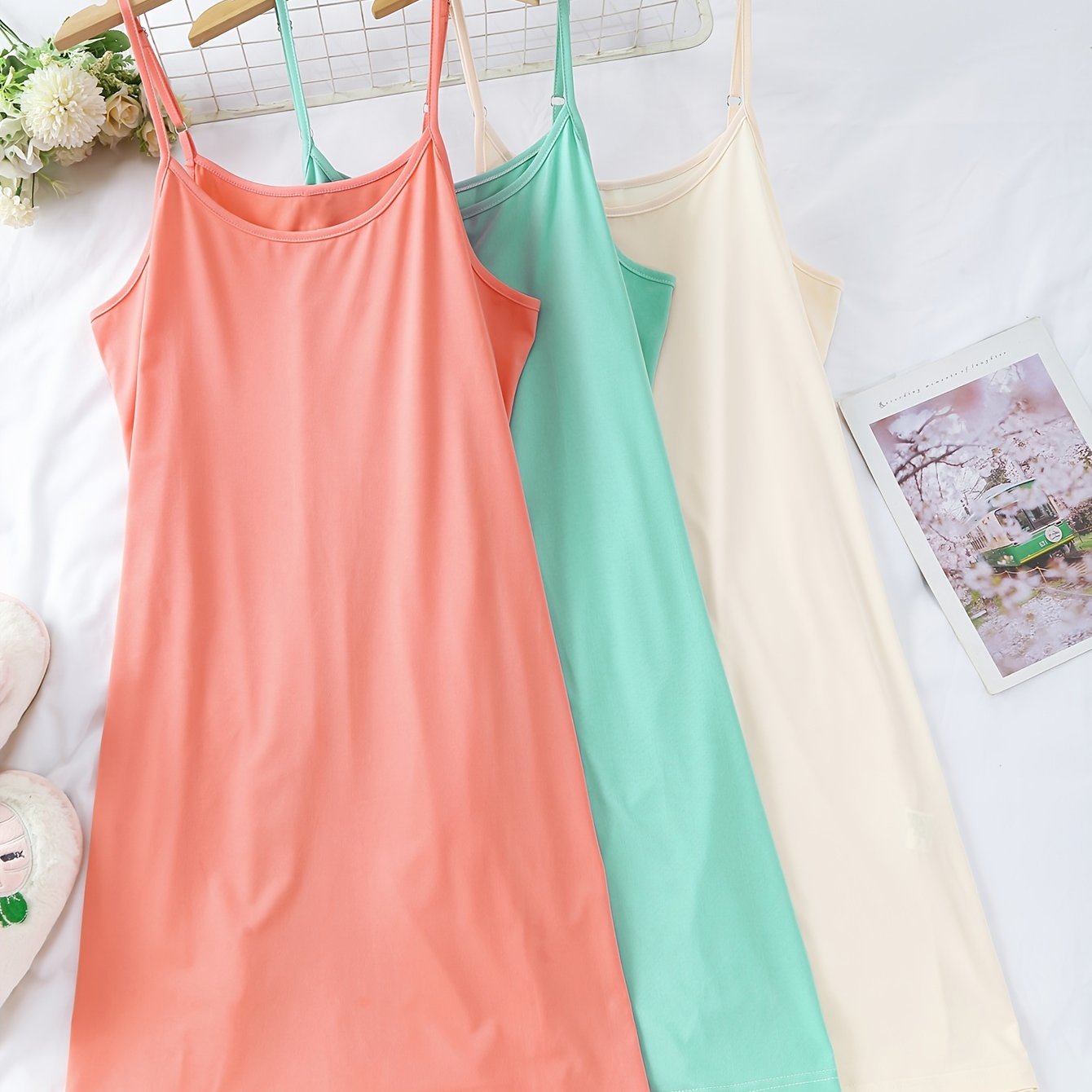 Set of 3 Solid Nightdresses for Women with Crew Neck and Spaghetti Straps