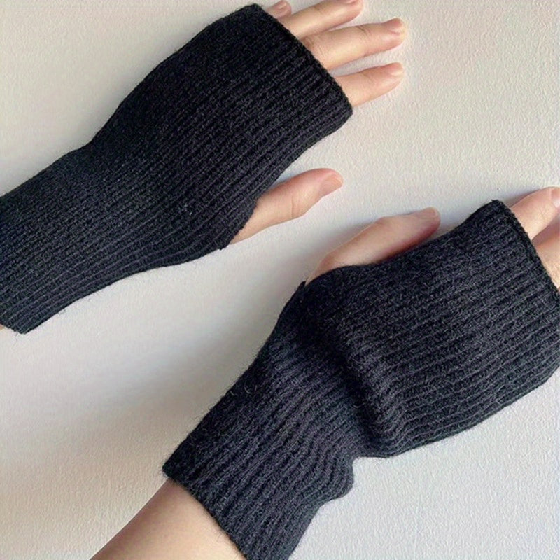 Solid Color Knitted Fingerless Gloves Touch Screen Compatible Warmth