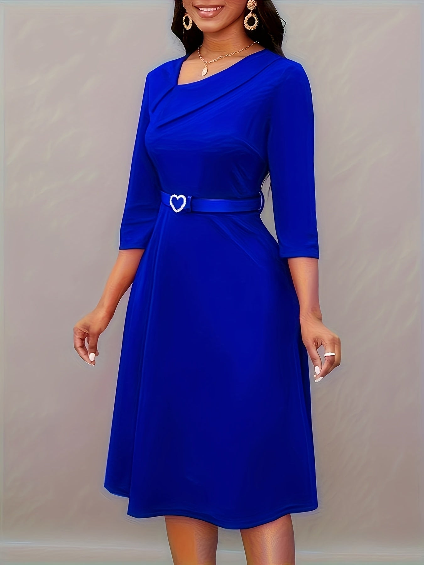 Women’s Navy Blue Pleated Maxi Dress with Belt and Asymmetrical Neckline