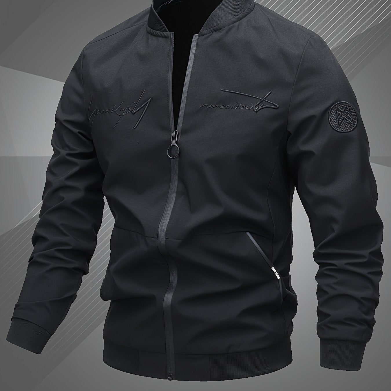 Chaqueta bomber de poliéster para hombre con letras bordadas, con cremallera, casual, deportiva