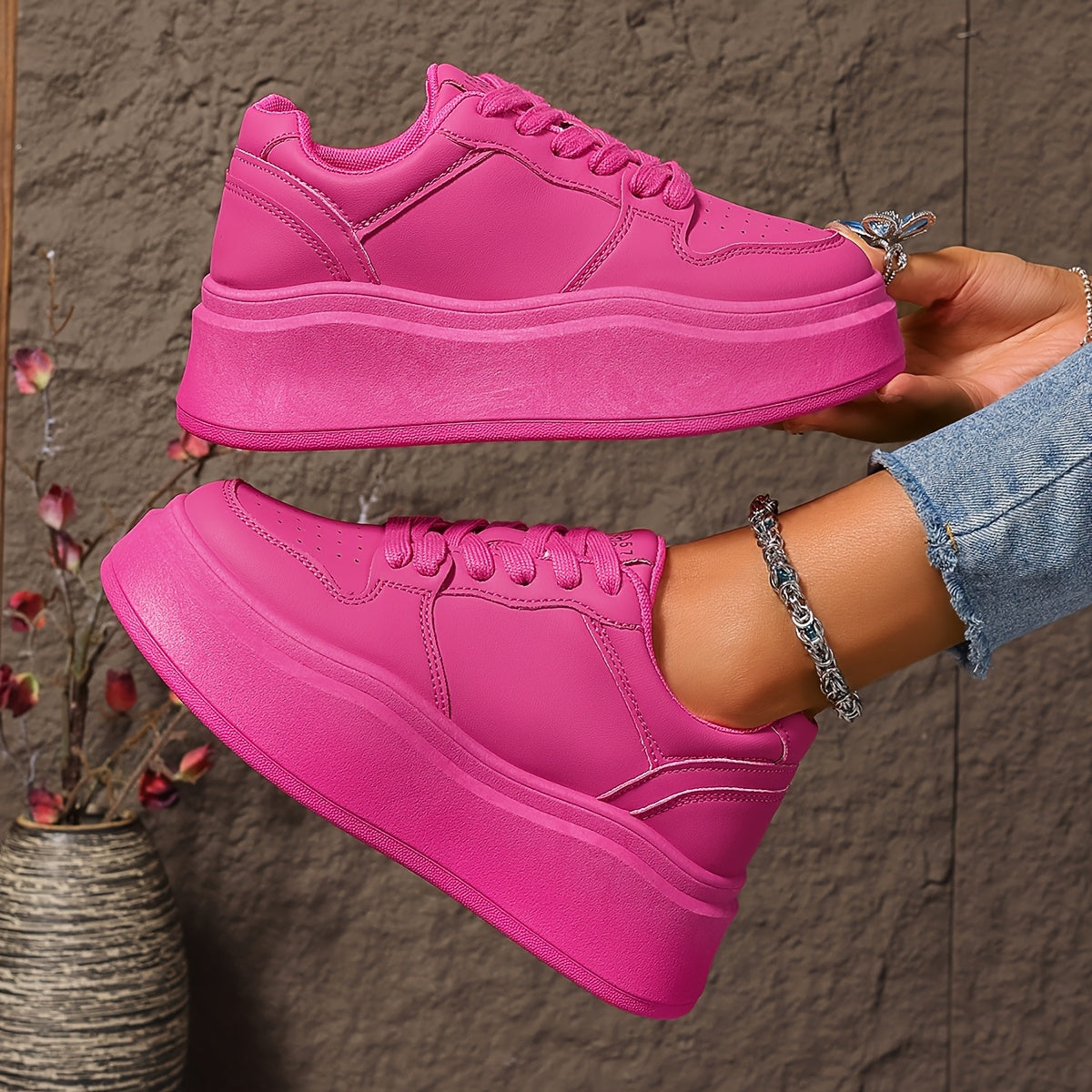 Women's Pink Chunky Sneakers All-Season Lace-Up Casual Sports Shoes