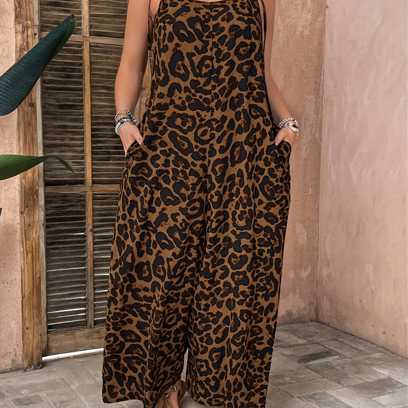 Plus-Size Leopard Print Sleeveless Jumpsuit with Pockets for Spring Summer Fall