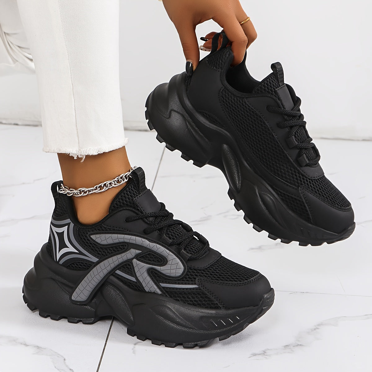 Women's Mesh Sneakers Lace Up Platform Breathable Non-slip Walking Shoes