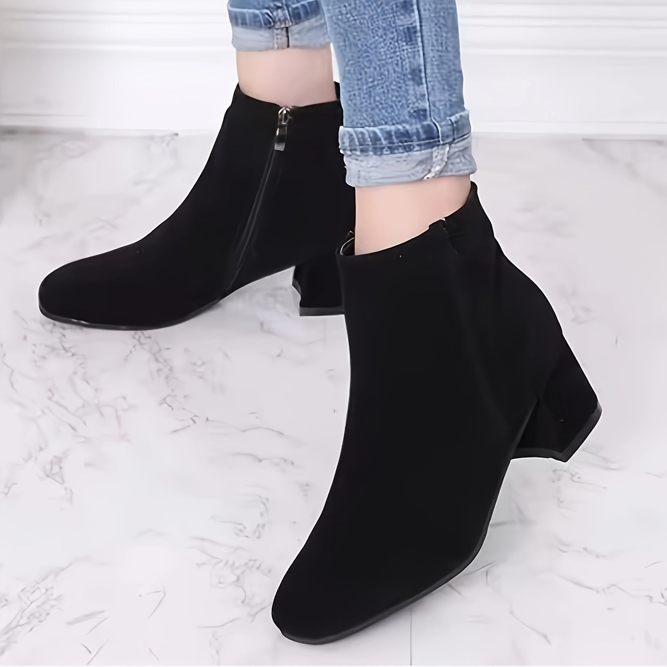 Women's Solid Color Block Heeled Ankle Boots Side Zipper Short Shoes