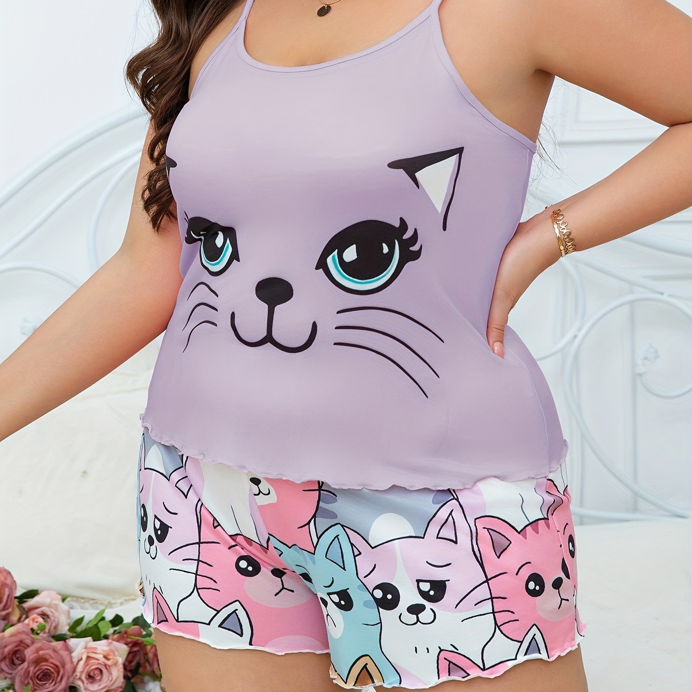 Plus Size Women's Cotton Cat Print Camisole Shorts Set