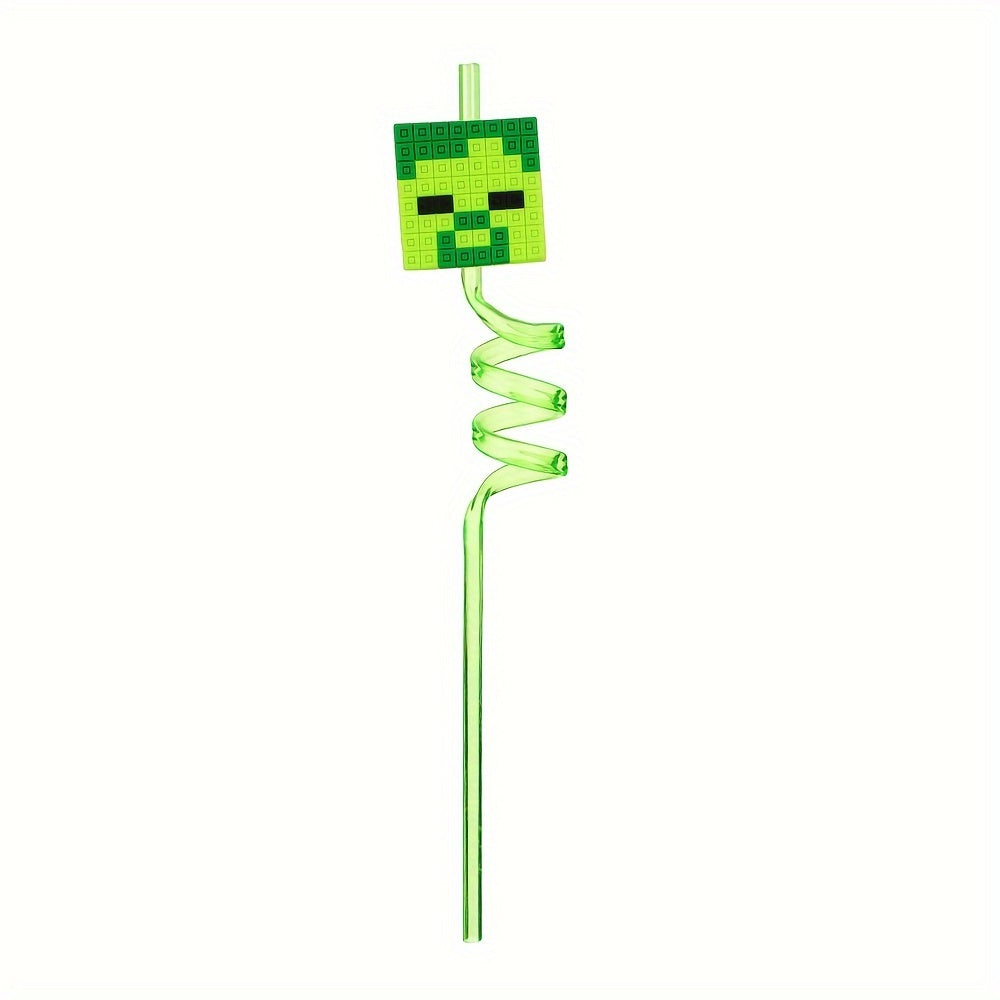 Pixelated Character Curved Drinking Straws Reusable Spiral Party Accessories