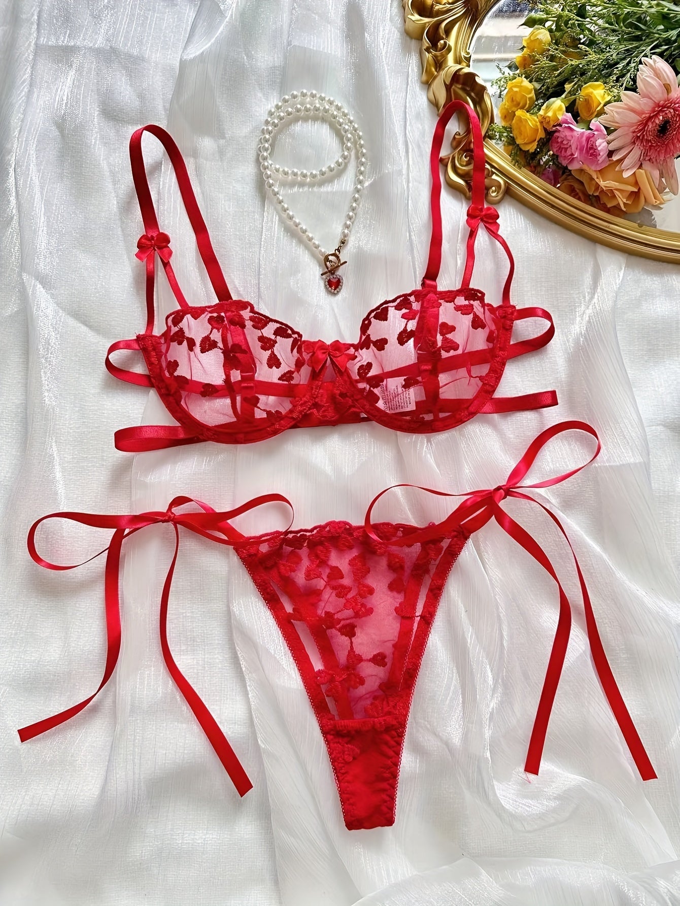 Women's Lingerie Set with Heart Pattern and Thin Shoulder Straps