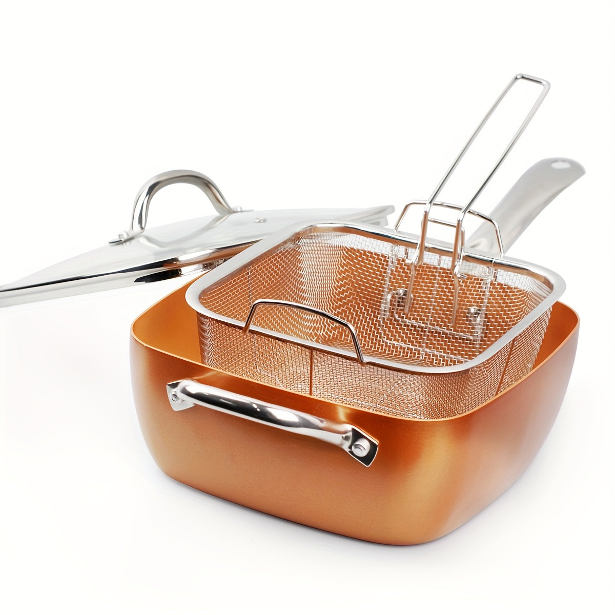 4 ta qismli yopilmaydigan kvadrat chuqur qovurilgan idishlar, shisha qopqog'lar va bug'latgich bilan, Fransuz kartoshkasi, tovuq tempura uchun