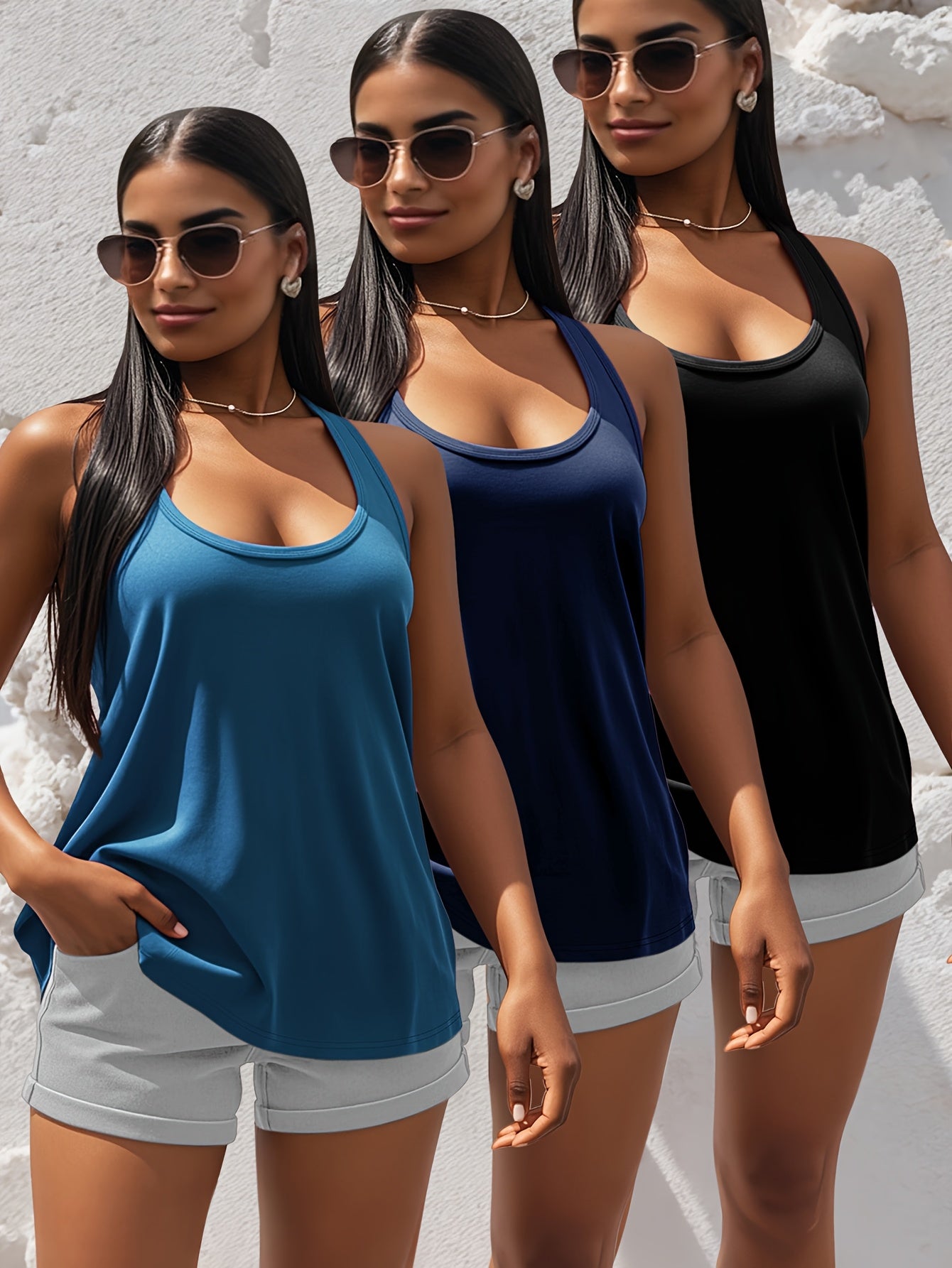 Set of 3 Women's Cotton Plain Tank Tops Basic Sleeveless Shirts