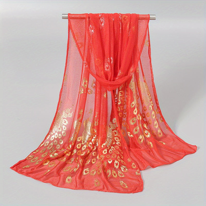 Women’s Peacock Print Lightweight Sun-Protective Polyester Scarf with Shimmering Foil