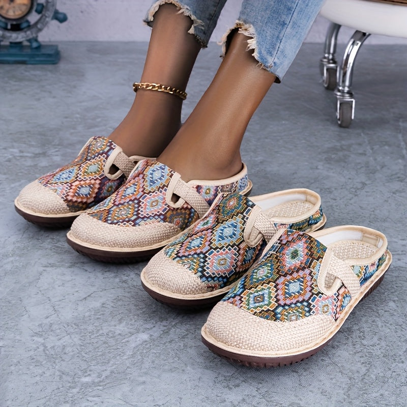 Zapatos planos bohemios para mujer, zapatillas slip-on con patrón geométrico, para todas las estaciones