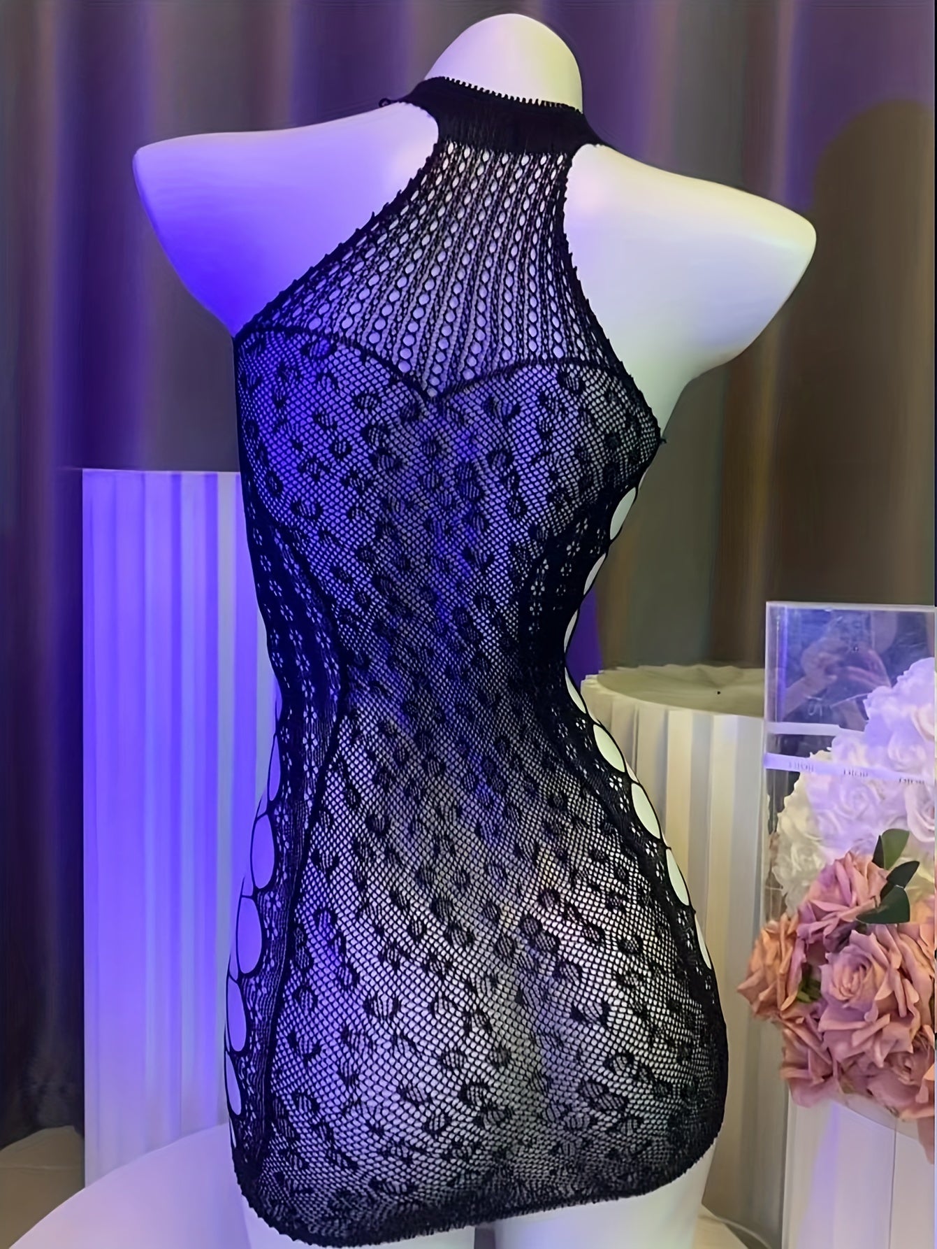 Women’s Fishnet Bodycon Slip Dress with Halter Neck and Hollow Details