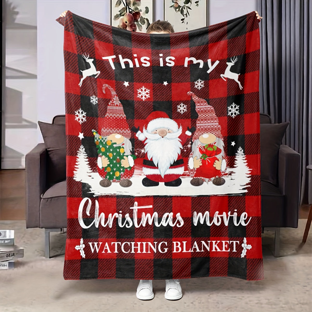 Reversible Flannel Fleece Christmas Blanket with Santa Print for Holiday Cozy Comfort