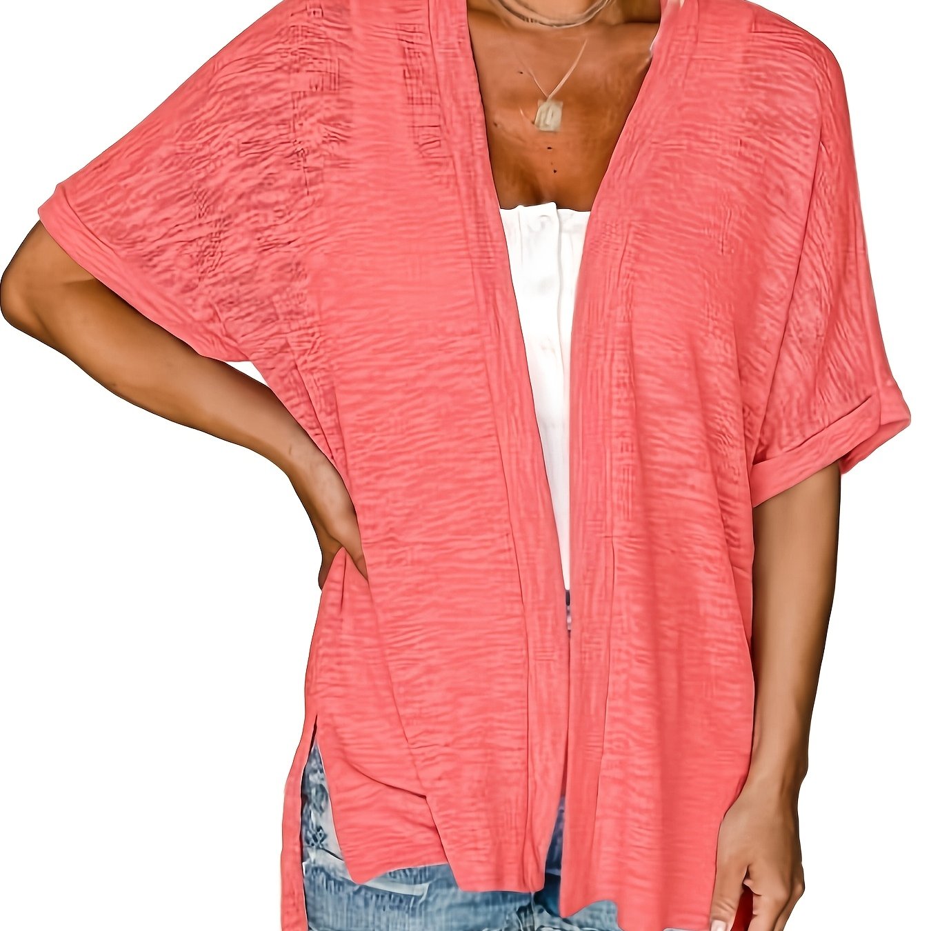 Cárdigan kimono azul marino para mujer, ligero, de manga corta y abertura frontal