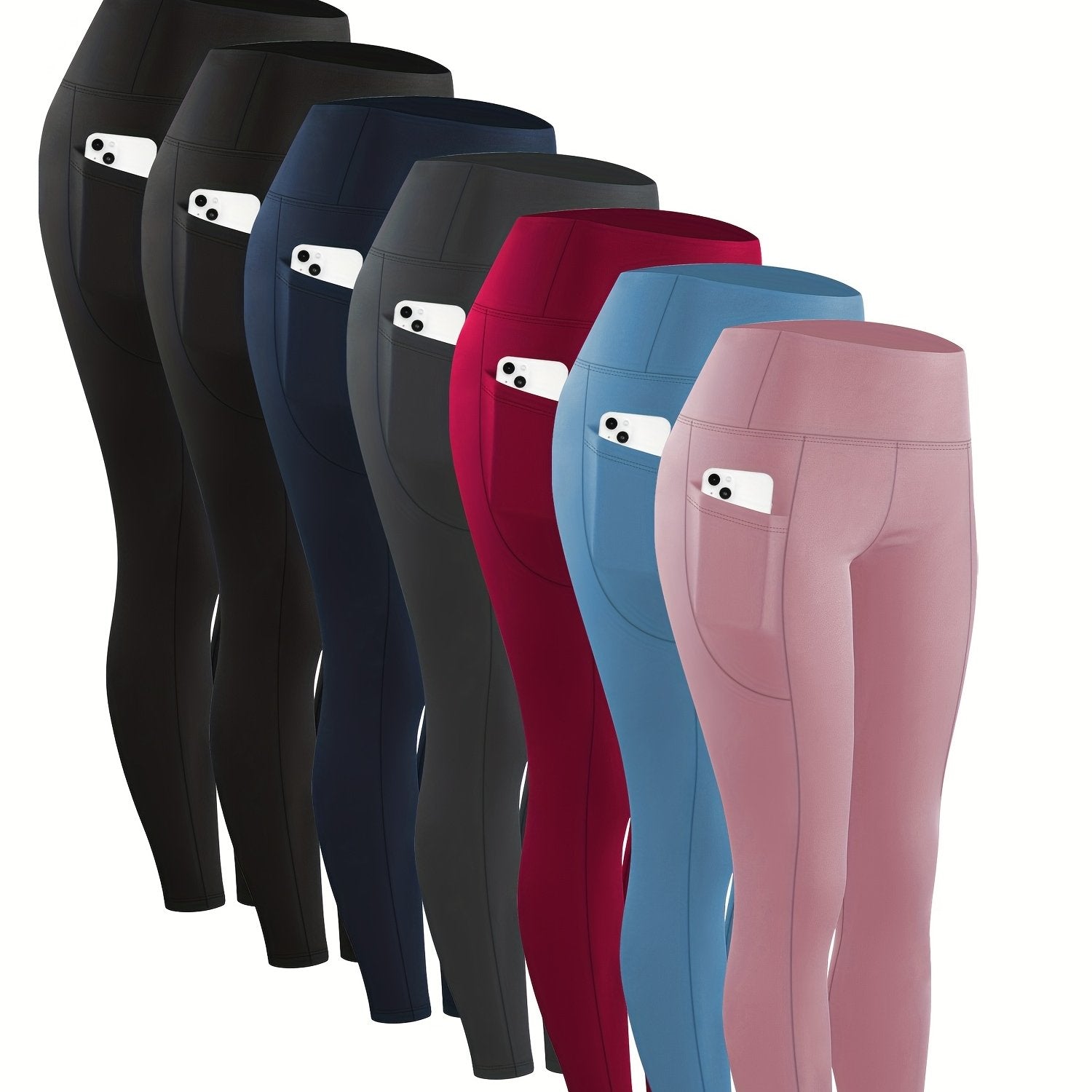 Plus Size Yoga Pants 7-Pack – Tummy Control High-Waisted Workout Leggings with Pockets