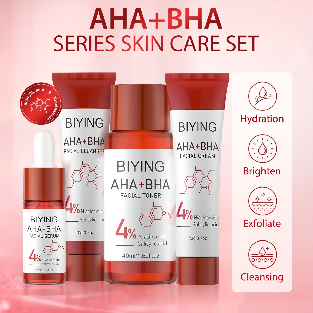4-Piece Skincare Set for All Skin Types with AHA BHA Salicylic Acid and Niacinamide Deep Moisturizer and Toner