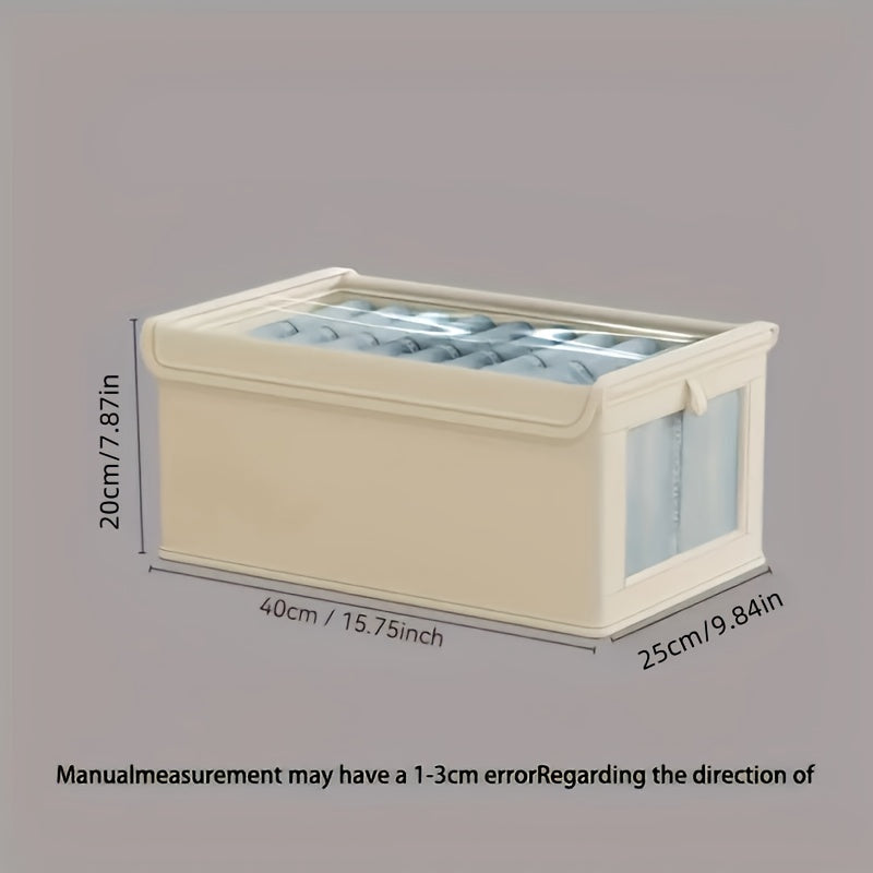 Caja de almacenamiento plegable de tela Oxford beige con ventana transparente para ropa y artículos del hogar