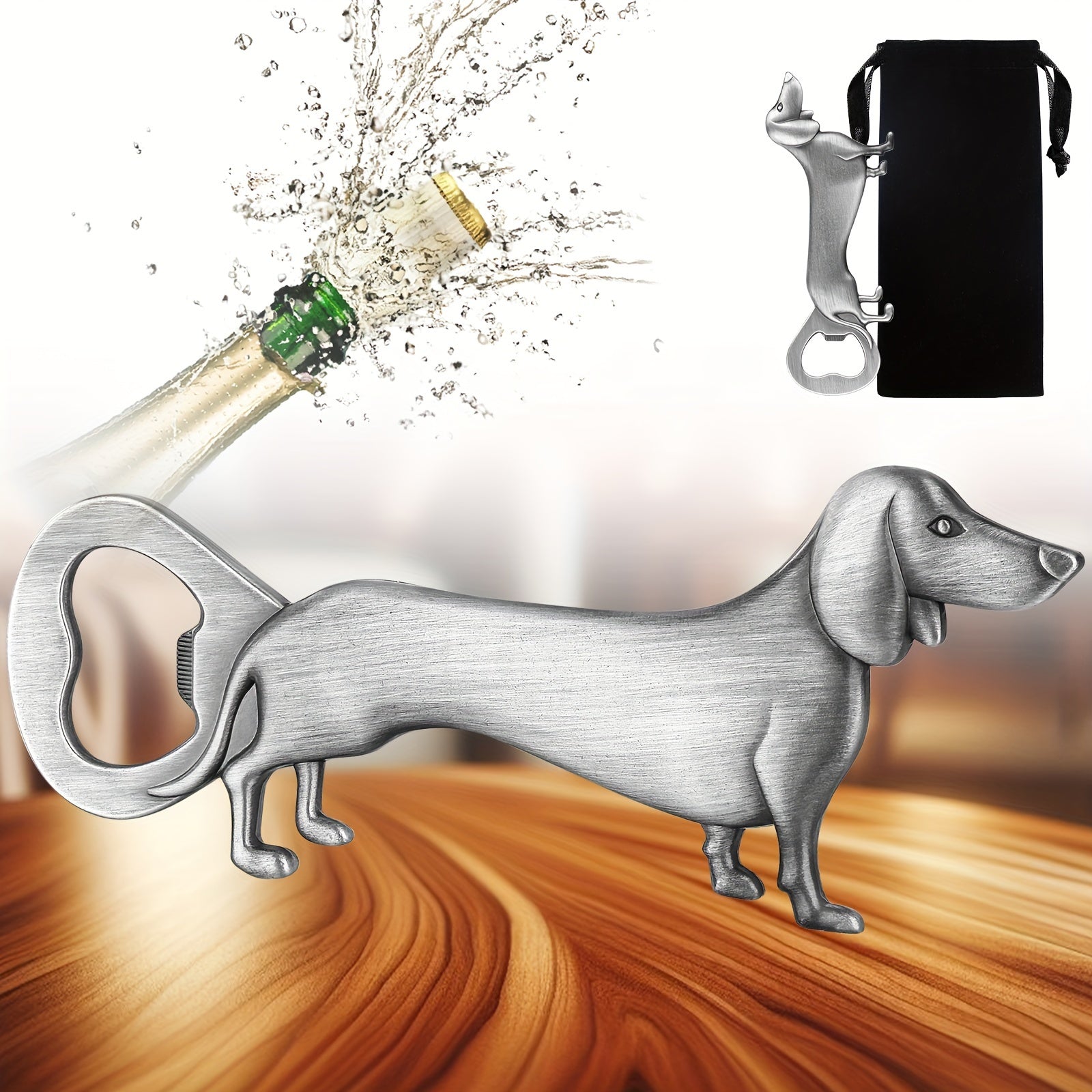 Abrebotellas Dachshund para cerveza, vino y jugo con funda de terciopelo para bares y uso doméstico