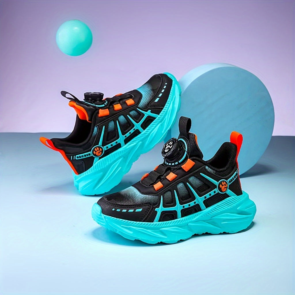 Boys Running Shoes Breathable Non-Slip PU Sneakers with Rotating Buckle Low Top