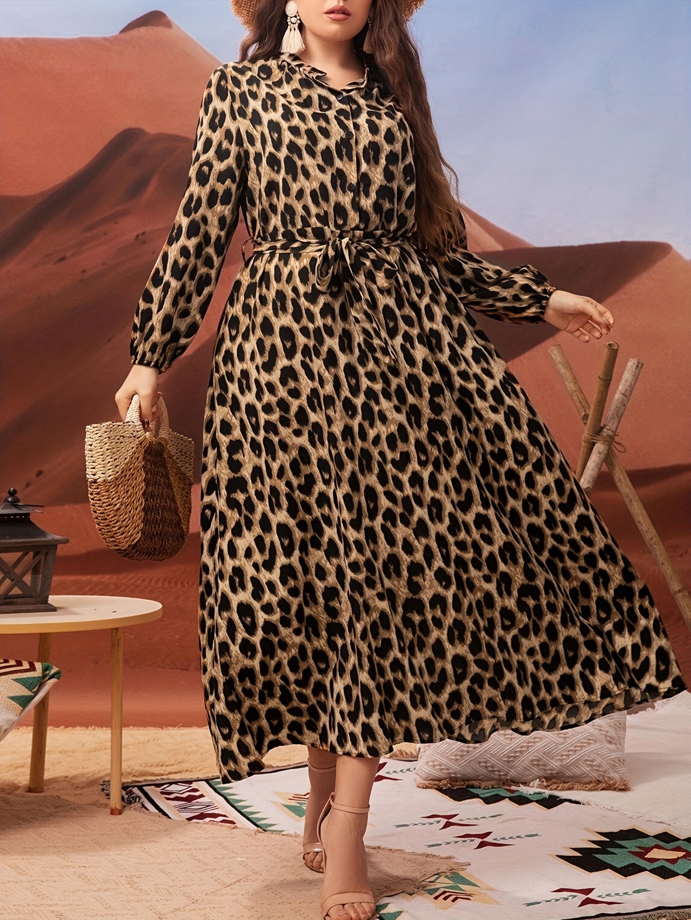 Plus-Size Leopard Print Dress with Lantern Sleeves Belt Collared Neckline Polyester All-Season