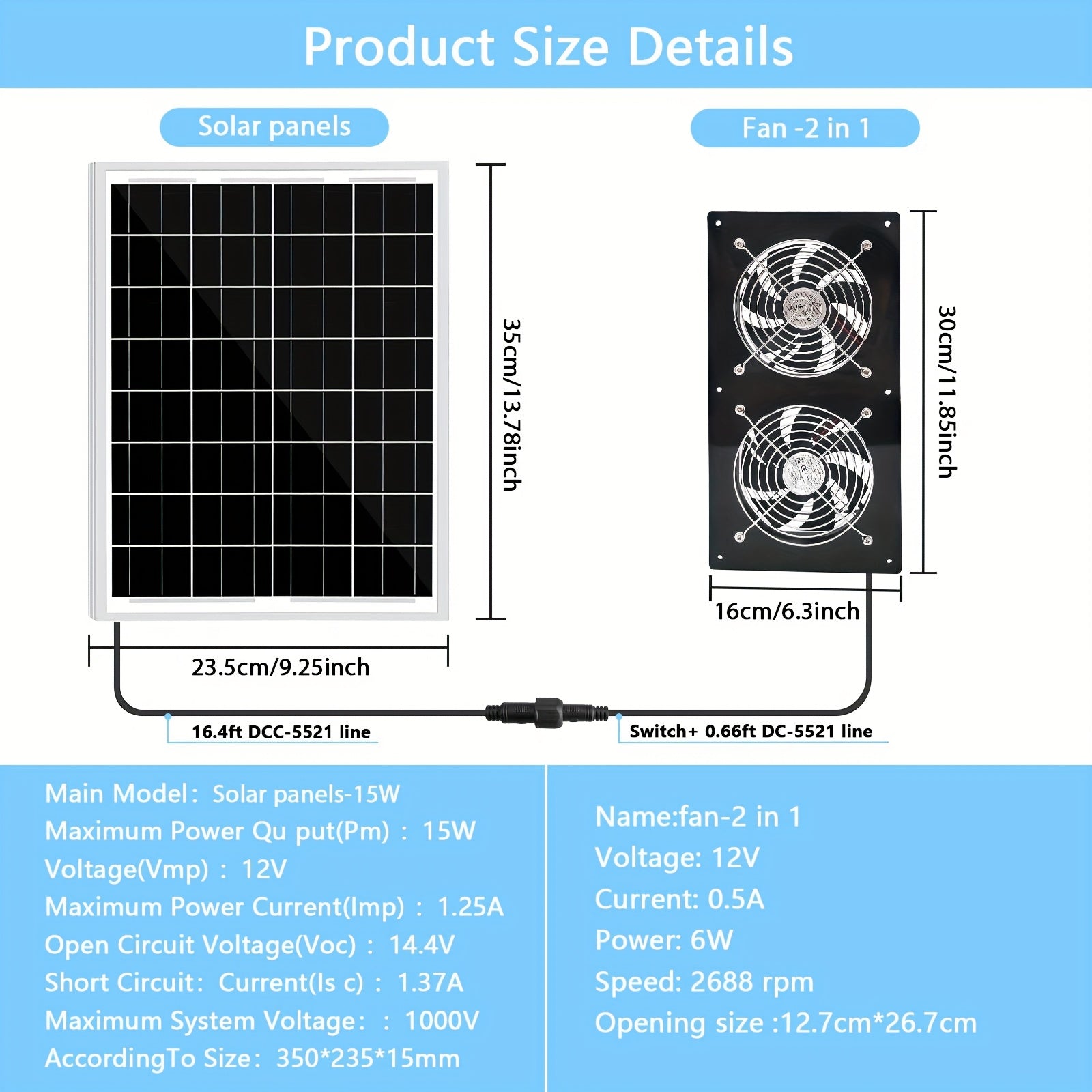 Набор солнечных электровентиляторов для вытяжки, солнечная панель 15 Вт, два высокоскоростных вентилятора для теплиц и сараев