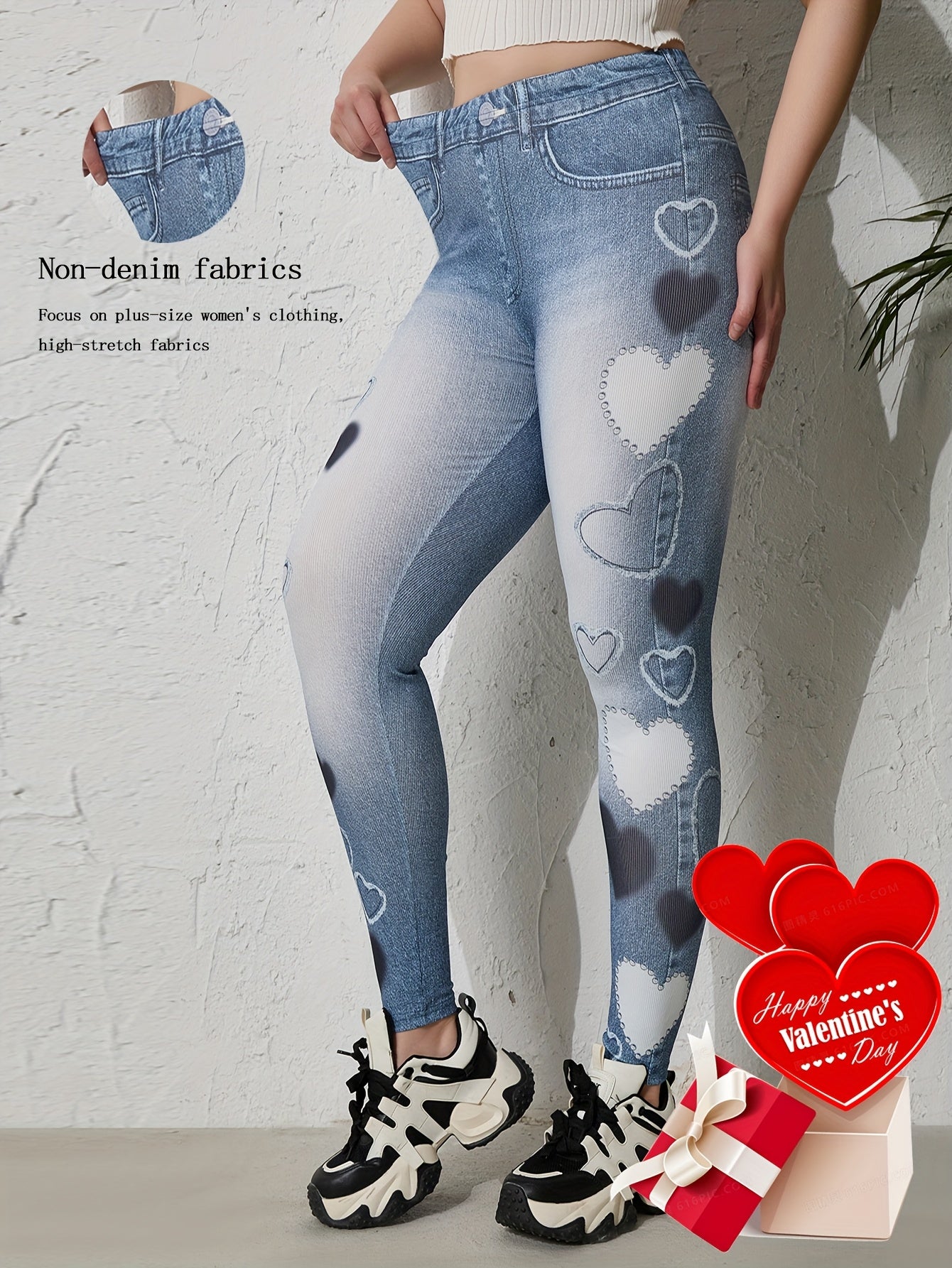 Plus Size Women's Imitation Denim Printed Heart Skinny Pants Tapered Faux Jeans