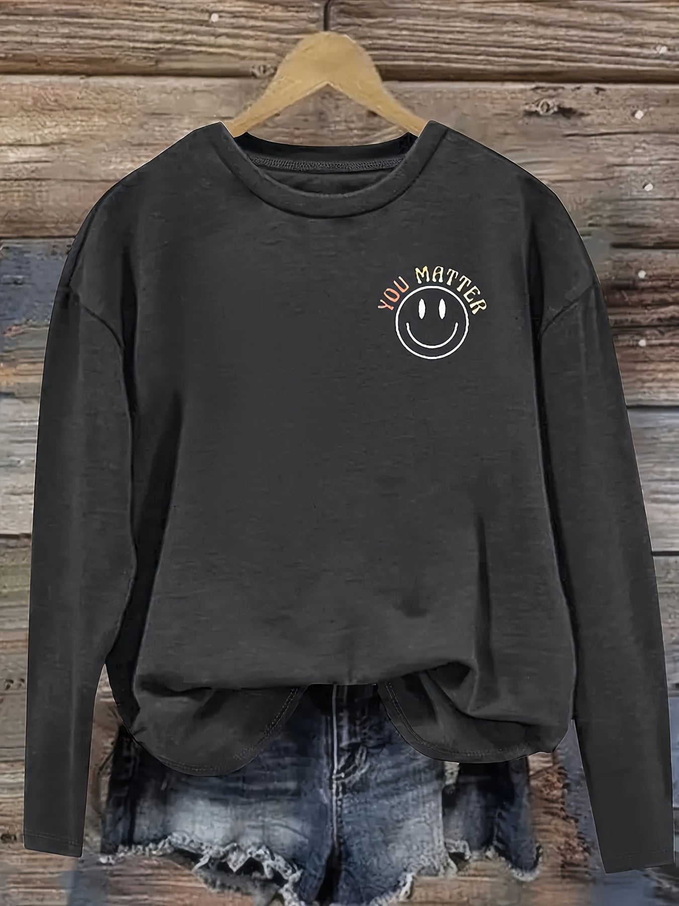 Women's Long Sleeve T-Shirt Polyester Crew Neck Spring Fall Black with Quote