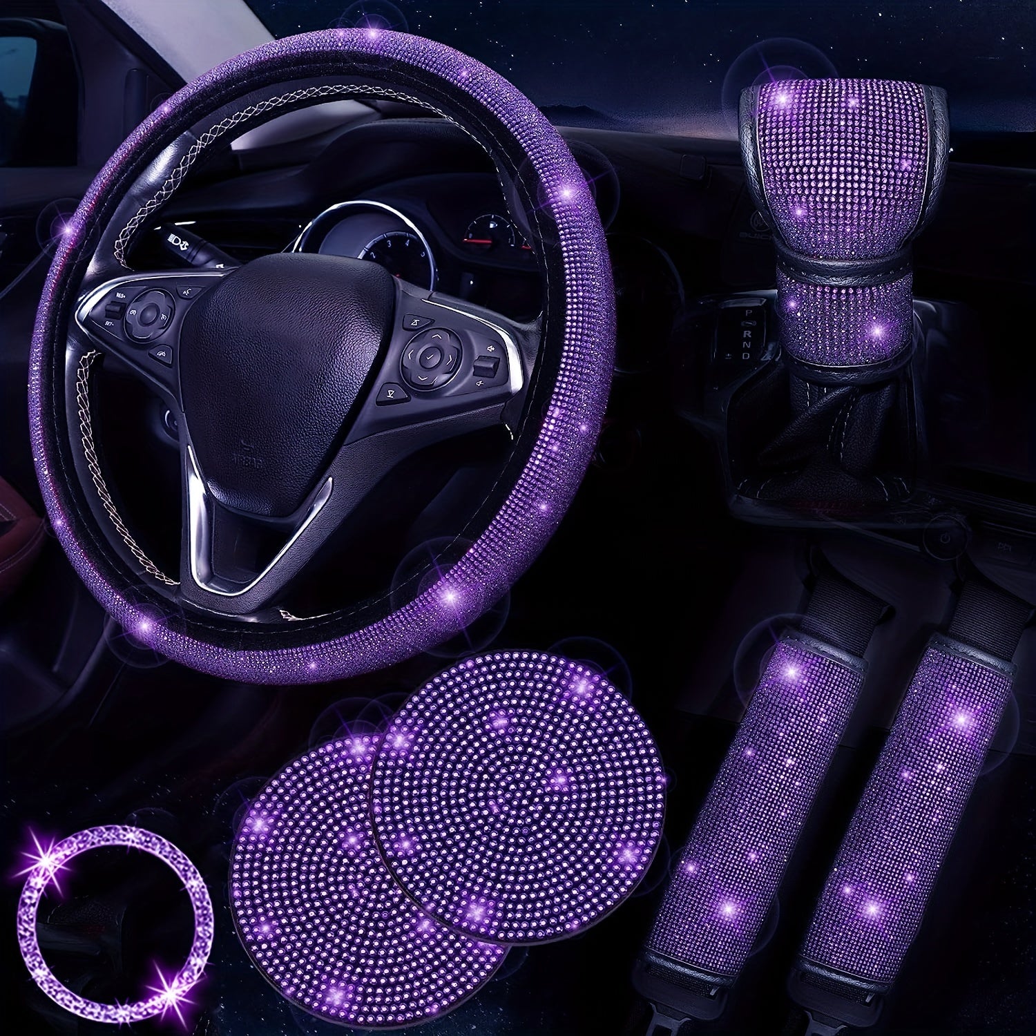 Juego de accesorios de coche con brillo para mujer: cubierta de volante, posavasos, protectores de cinturón, almohadillas para el hombro y cubierta de palanca de cambios