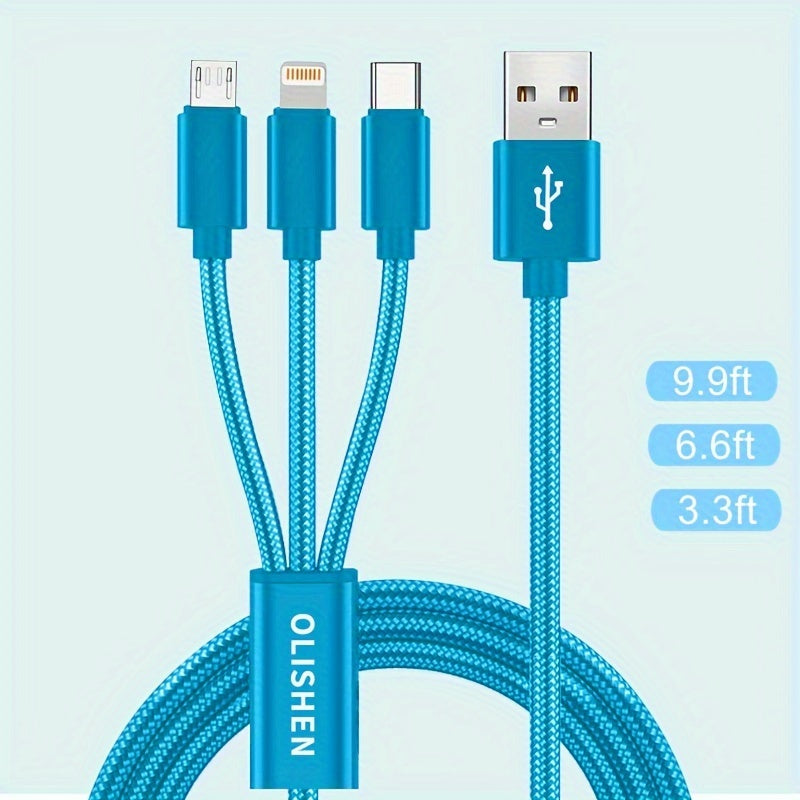 3-in-1 Nylon Braided USB Charging Cable with Fast Charging for iPhone, Samsung, Xiaomi