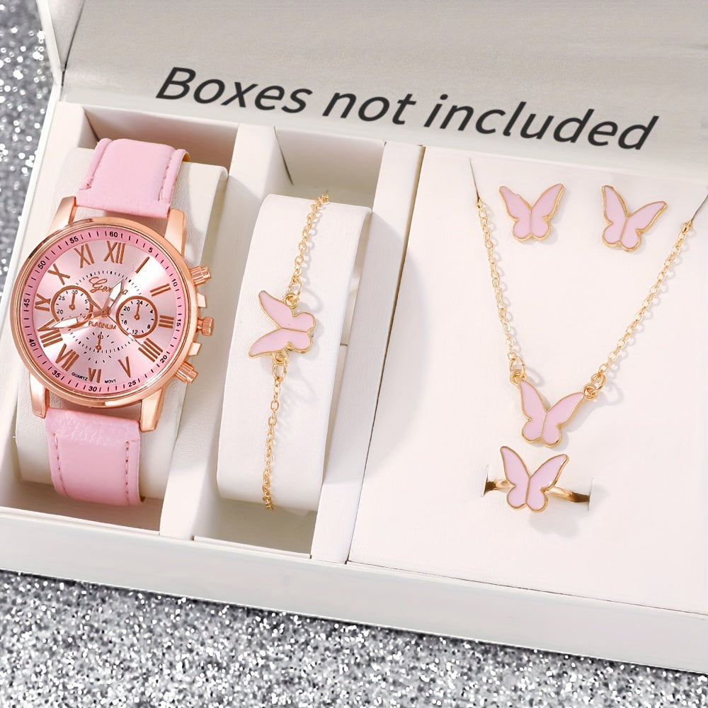 Pink Quartz Watch Set with Butterfly Charm Jewelry Gift for Women