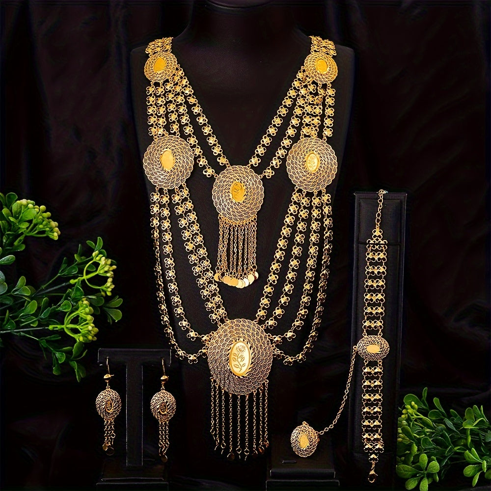 Gold-Tone Copper Jewelry Set in Arabic Style Multi-Layered Bohemian Elegant for Weddings Parties Ramadan