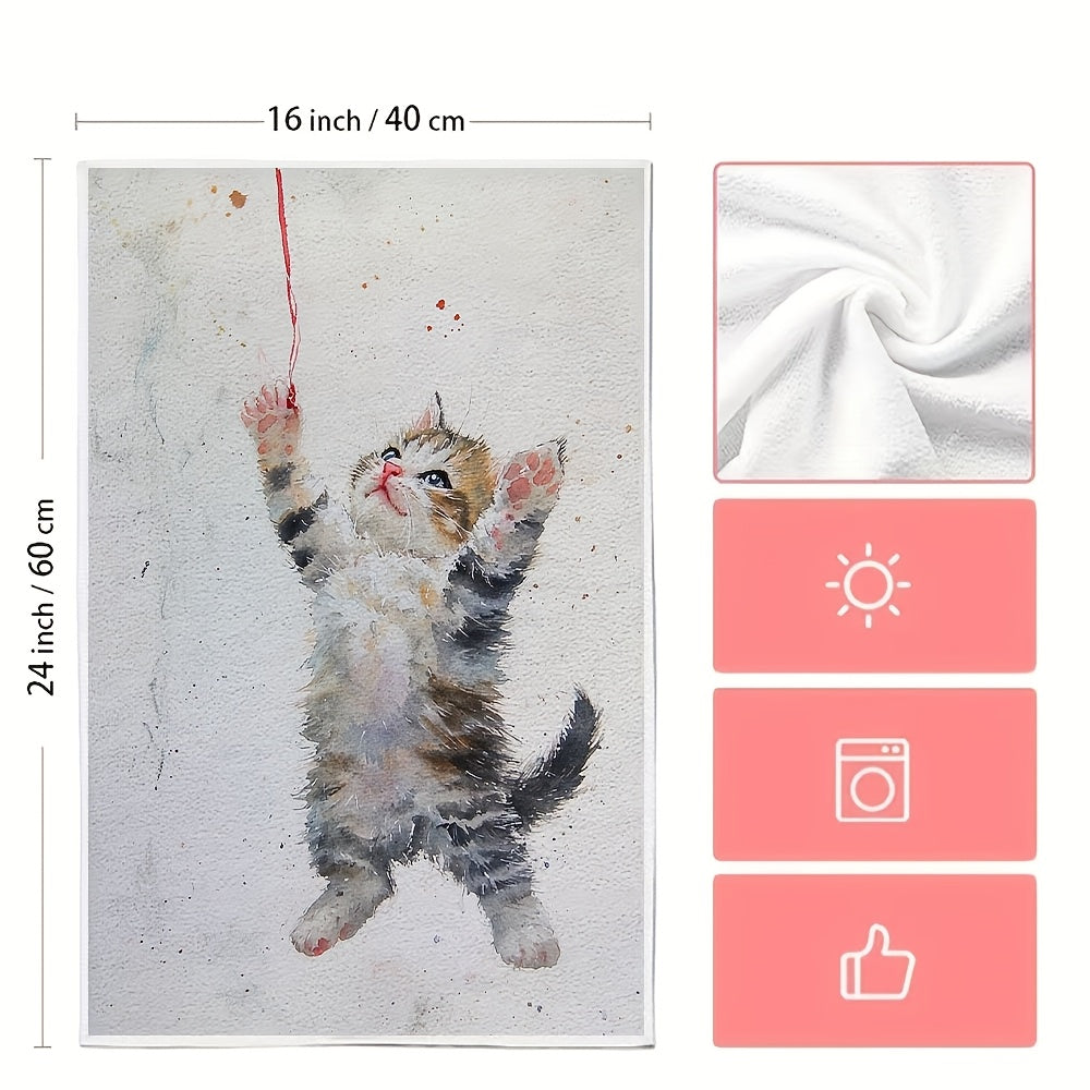 Set of 2 Soft Kitchen Towels with Kitten and Ribbon Design, 40x60 cm
