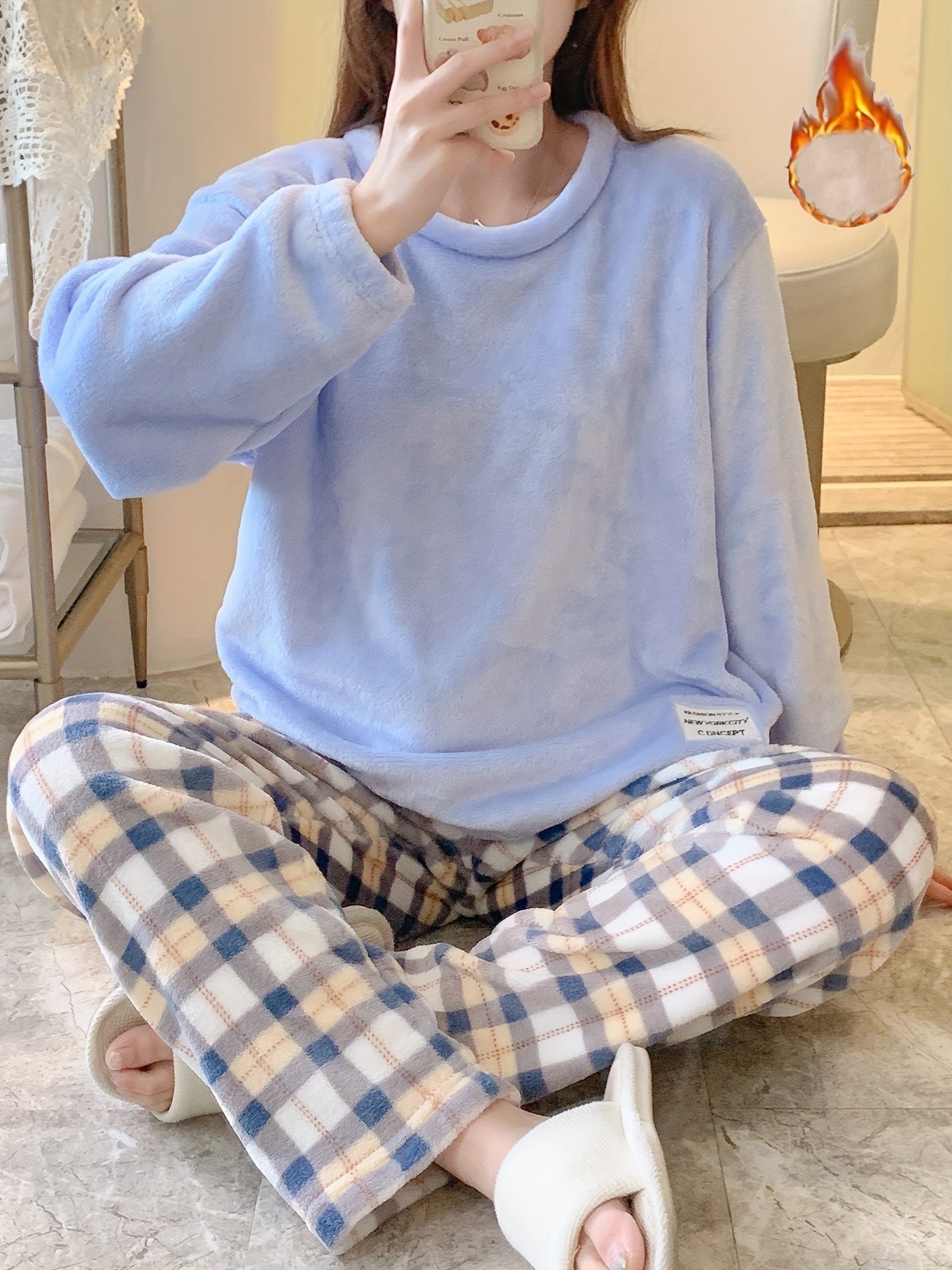 Women's Plaid Fuzzy Pajama Set Long Sleeve Crew Neck Elastic Waist Pants Winter Sleepwear Loungewear