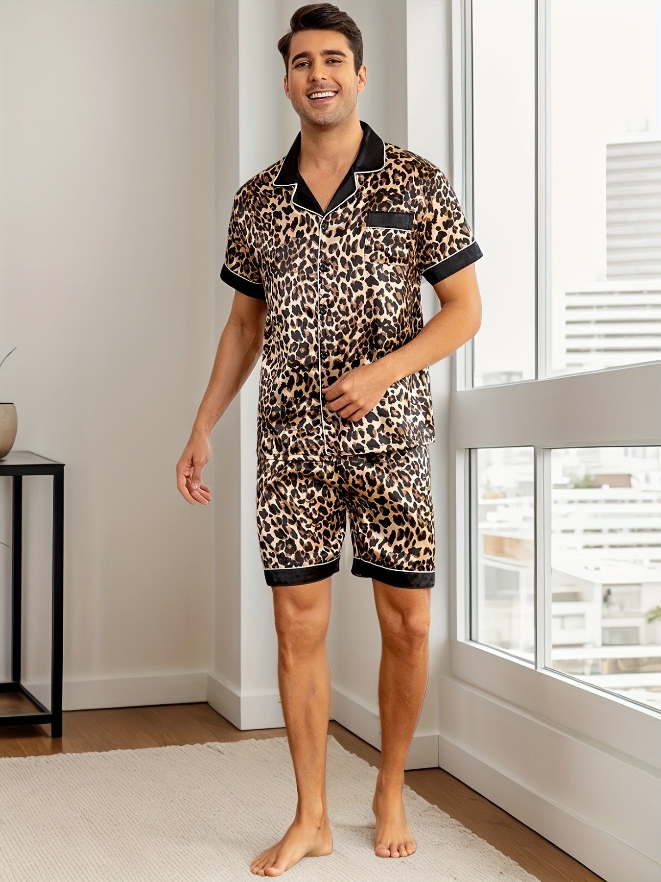 Men's Summer Pajama Set with Reversible Collar Short Sleeves Breathable Polyester