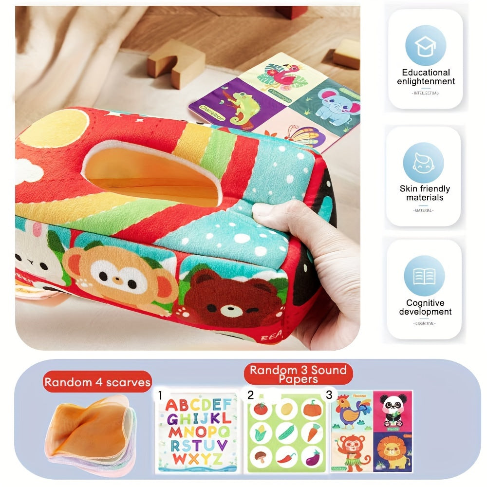 Animal Sensory Learning Toy Set with Tissue Box, Scarf and Crinkle Paper for Kids