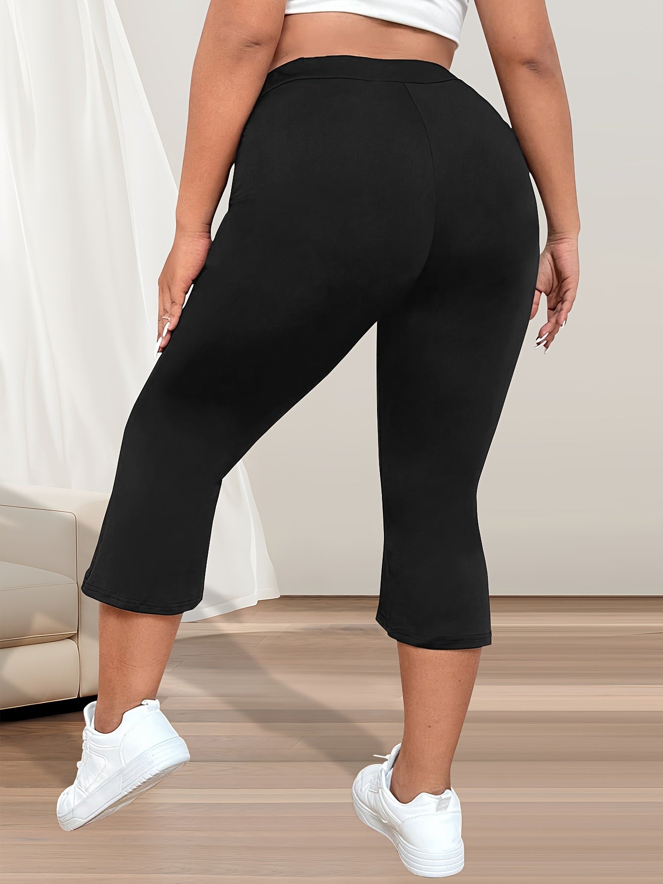 Women Plus Size High-Waist Flare Pants Stretch Fabric Pockets Blue 7/8