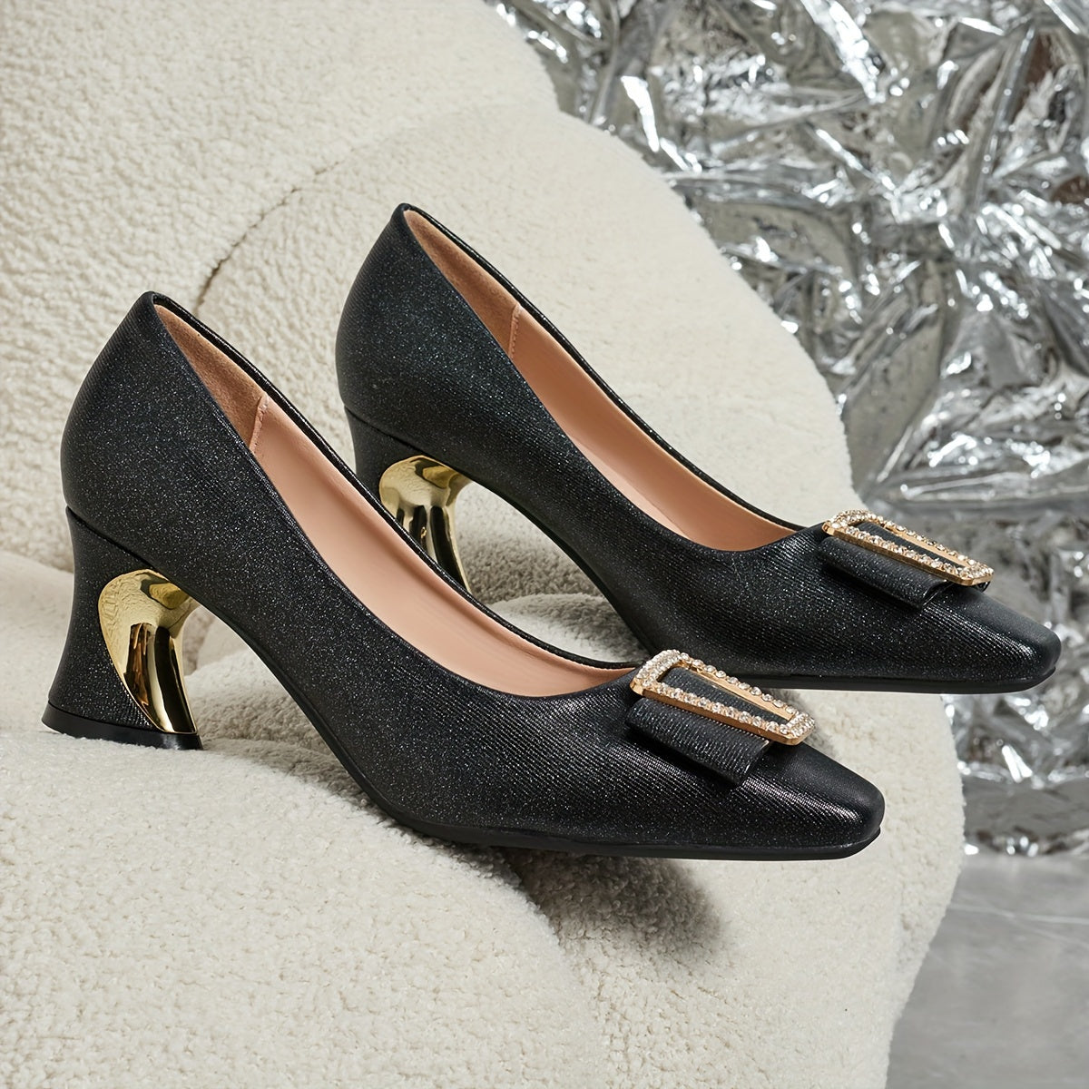 Ladies Small Square Toe Buckle High Heels, Comfortable Thick Heels