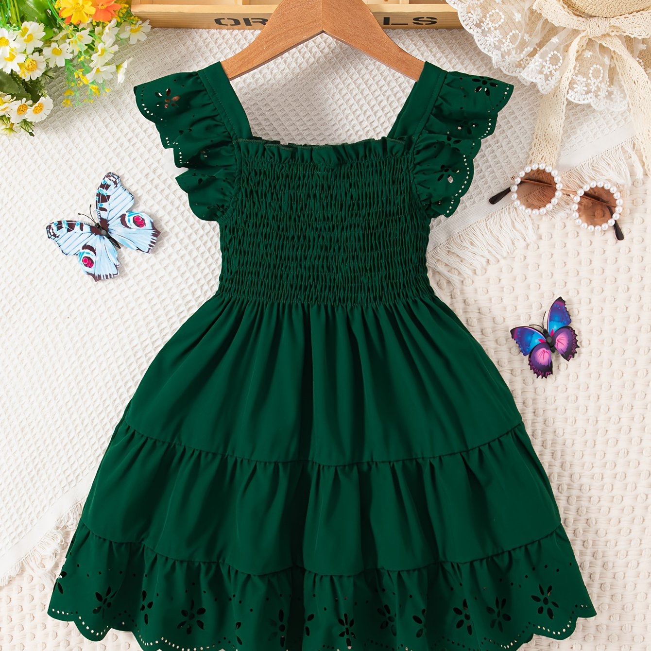 Girls Summer Solid Ruffle Sleeve Square Neck Knee High Dress