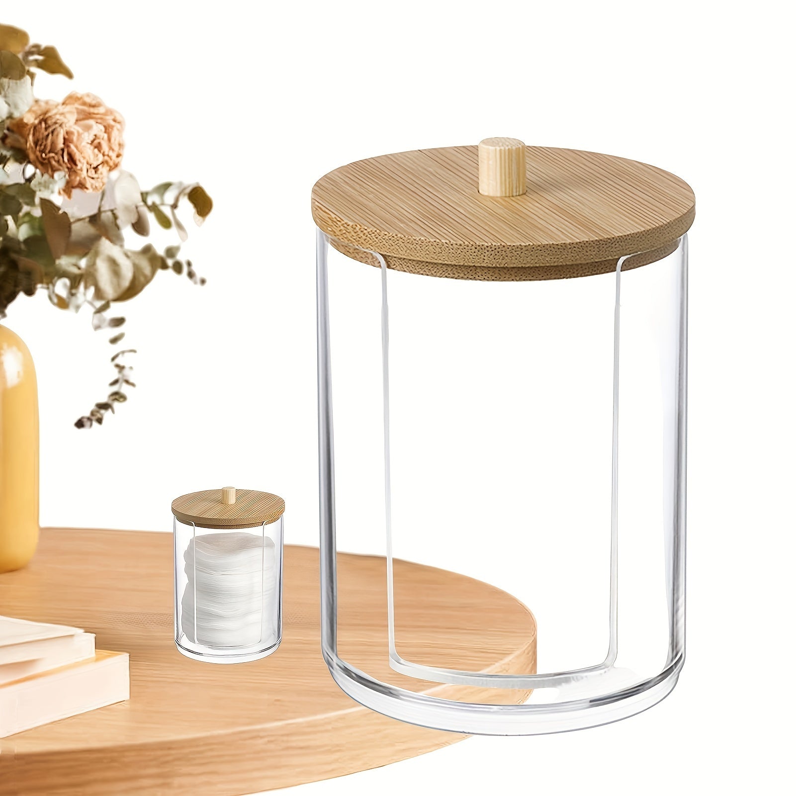 Caja de almacenamiento pequeña con tapa de bambú, recipientes de acrílico para baño y organización del hogar