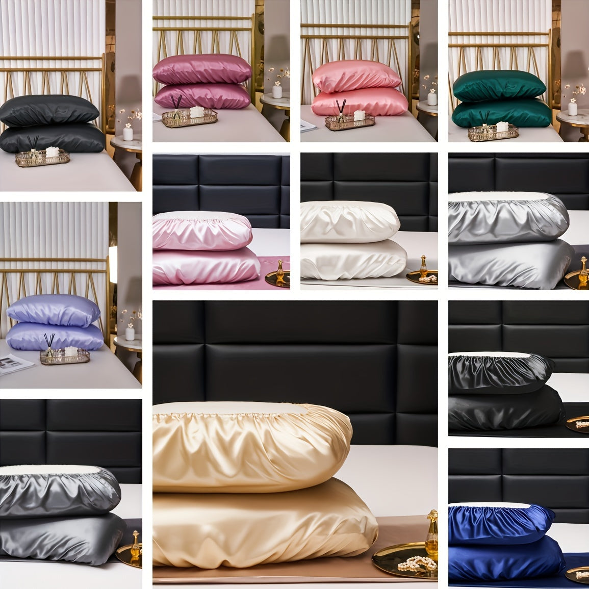 Satin Pillowcases Set of 2 with Elastic Bands, Soft Non-Slip Fabric for Bedroom