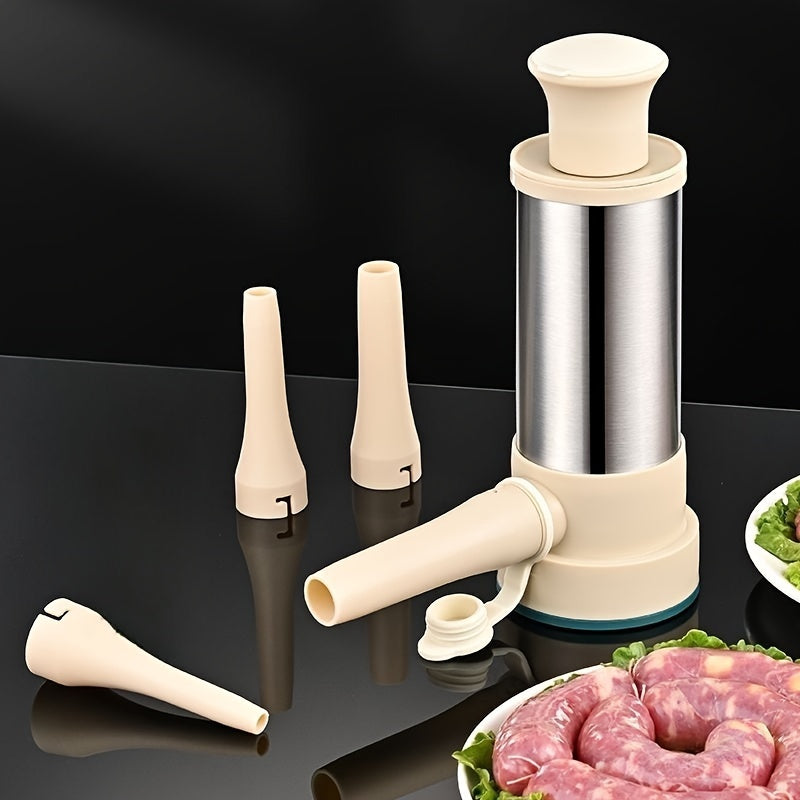 Bir parcha qo'l bilan ishlatiladigan zanglamas po'latdan yasalgan kolbasa to'ldiruvchi, 3 ta nozzle qo'shimchalari bilan. Uyda kolbasa, salami va chorizo tayyorlash uchun mustahkam oshxona asbobi.