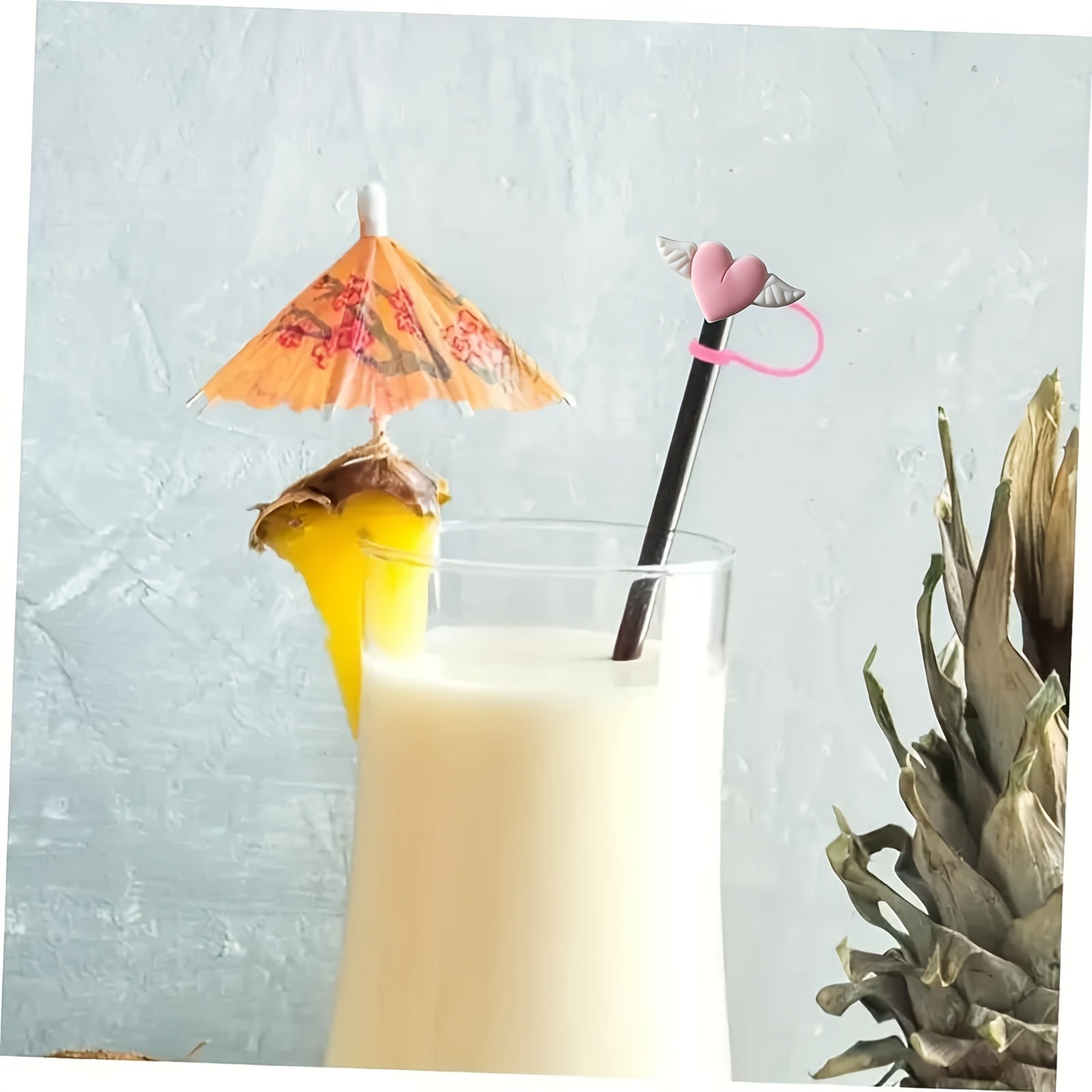 Set of 5 Silicone Straw Covers with Cartoon Love Wings, Reusable Dustproof Fits 7-8mm Straws